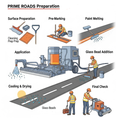 Step by step process of applying thermoplastic road marking paints