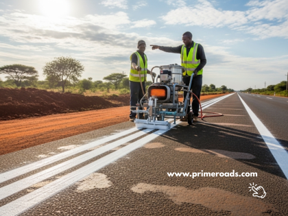 Prime Roads contractors applying thermoplastic paint on African roads.
