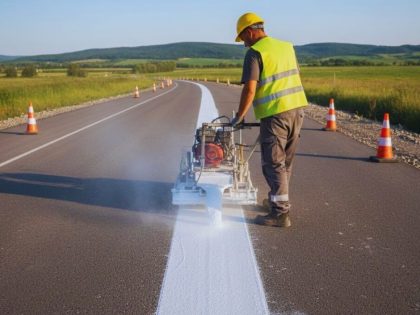 Primeroads contractor marking white paint on roads