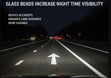 Night highway scene with a visible white arrow on the road. Text highlights benefits of glass beads: increased visibility, reduced accidents, enhanced lane guidance.