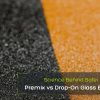 Close-up of textured black and yellow surfaces with a text overlay about road safety. The caption reads, "Premix vs Drop-On Glass Beads," suggesting a comparison.