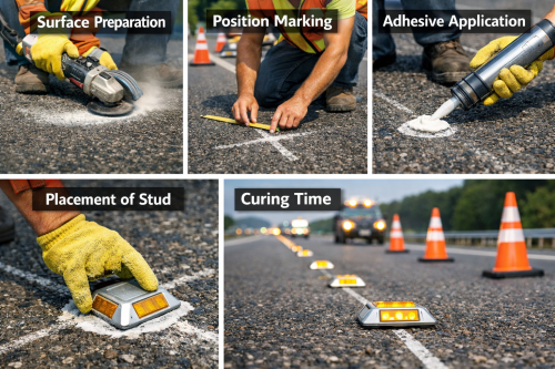 Four images showcasing diverse approaches to asphalt sealant application, highlighting reflective road studs in the process.
