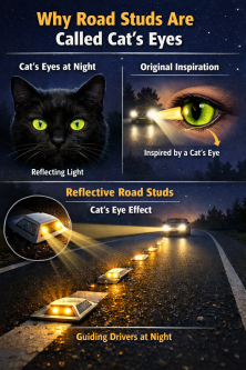 Image explaining why road studs are called cat's eyes, highlighting their reflective properties and design.