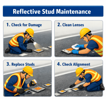 Maintenance of reflective road studs, ensuring visibility and safety on roadways during day and night.