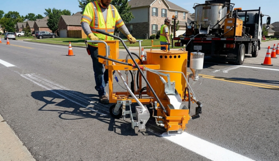 thermoplastic road marking machine applying lane lines on highway