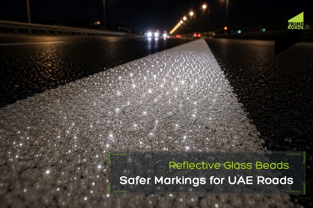 Reflective glass beads on UAE road marking at night