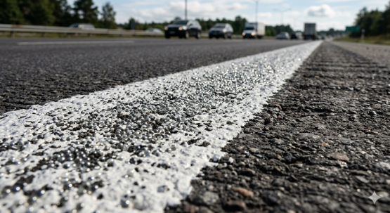 Close-up of glass beads embedded in highway lane marking