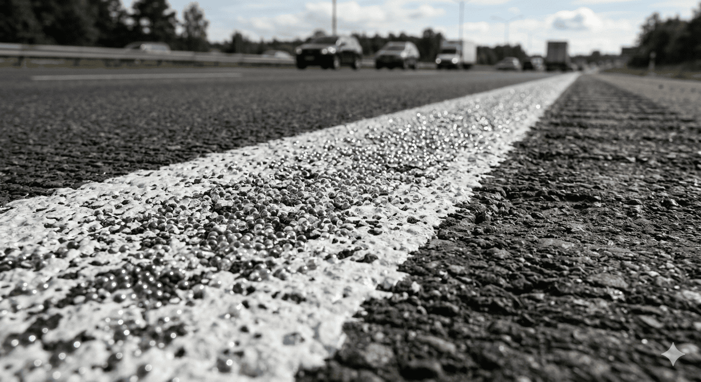 Close-up of glass beads embedded in highway lane marking