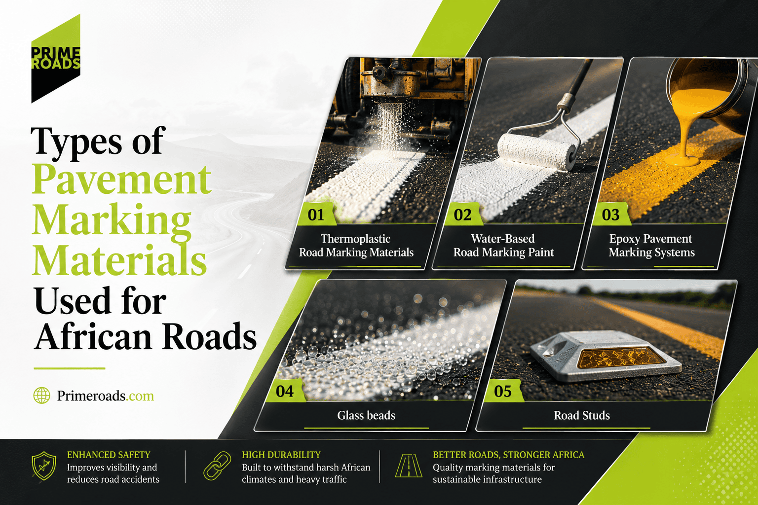 Road marking materials for African roads: thermoplastic, epoxy, paint, beads, and studs.
