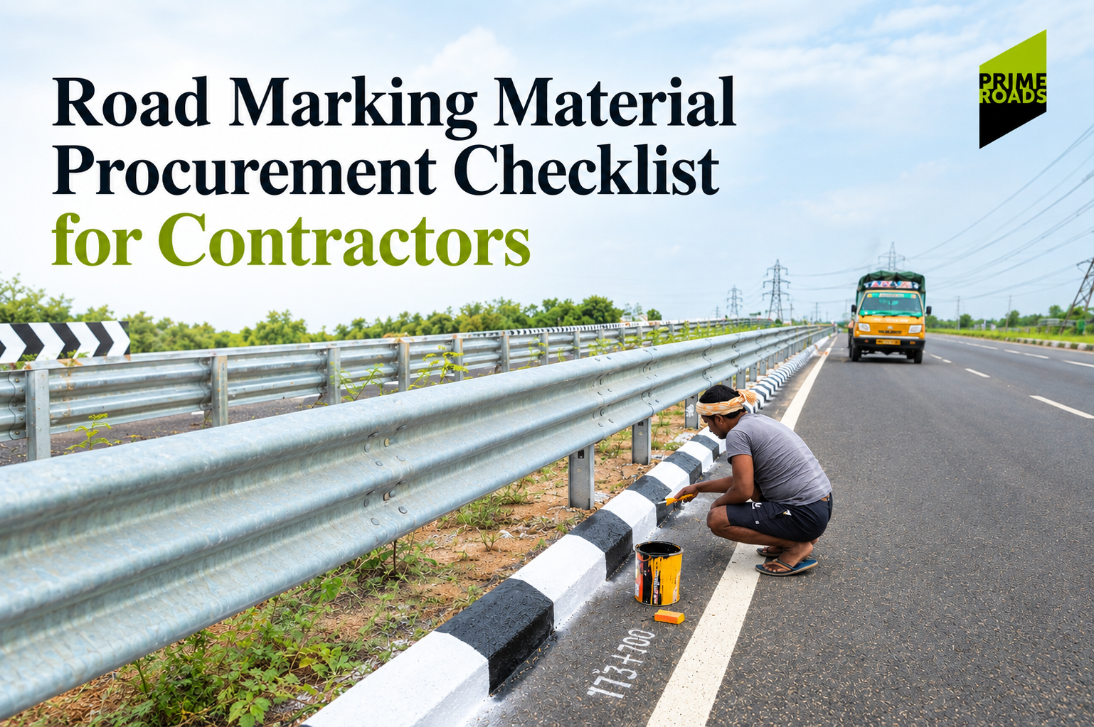 Road marking material procurement checklist for contractors featuring thermoplastic paint, glass beads, and quality inspection on a highway